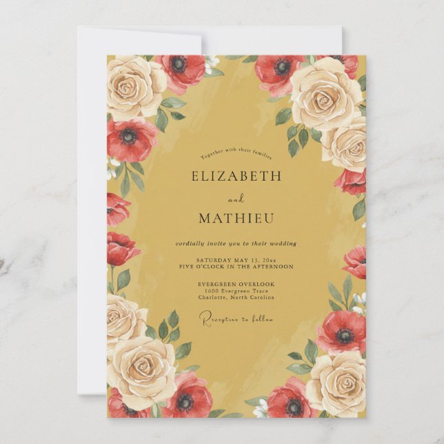 Convite Casamento Pintado com Papoula Mostarda (Frente)