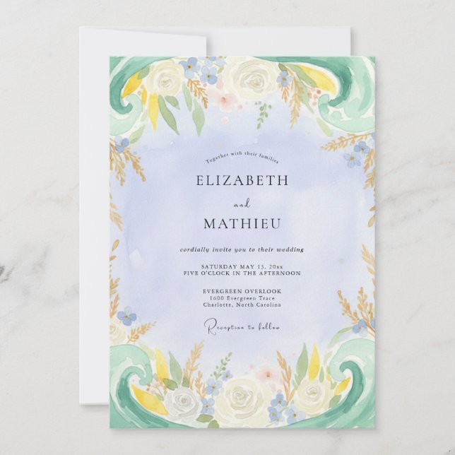 Convite Casamento Pintado com Periwinkle Rústico e Limão (Frente)