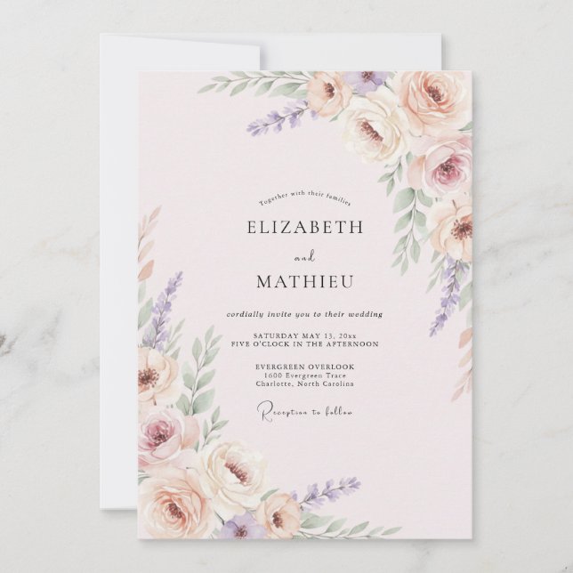 Convite Casamento Pintado com Rosa e Lavanda (Frente)