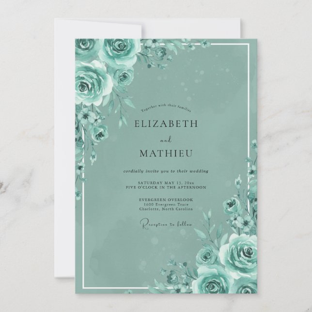 Convite Casamento Pintado com Rosa Verde-água (Frente)