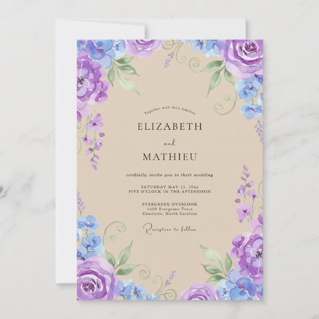 Convite Casamento Pintado com Roxo e Periwinkle (Frente)