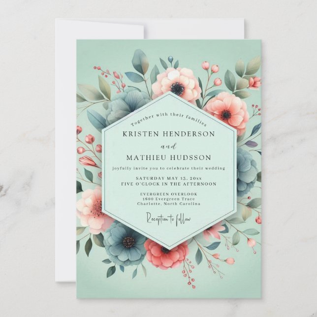 Convite Casamento Pintado com Toque de Rosa e Salvia (Frente)