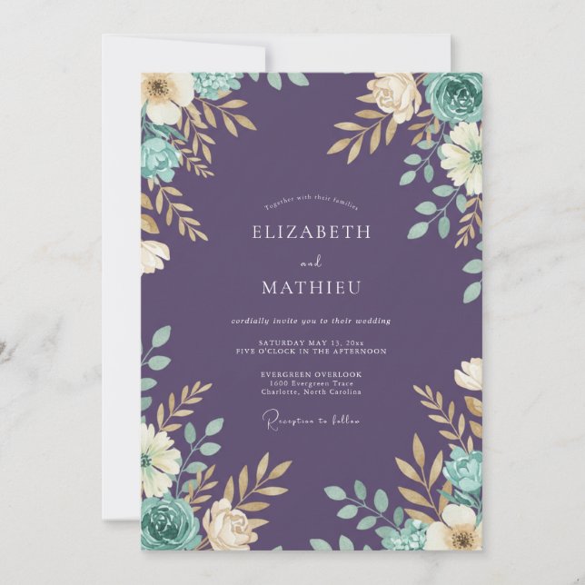 Convite Casamento Pintado com Violeta Meadow Mint (Frente)