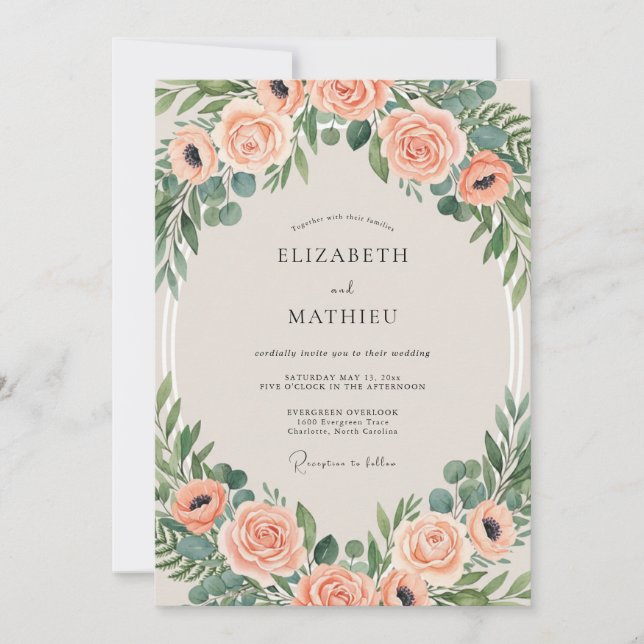 Convite Casamento Pintado Coral Sage (Frente)