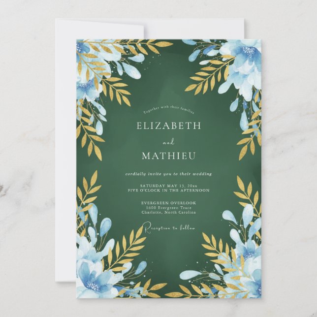 Convite Casamento Pintado de Açafrão Azul-Verde (Frente)