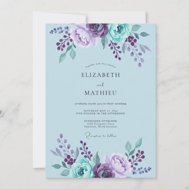 Convite Casamento Pintado de Amethyst e Periwinkle (Frente)