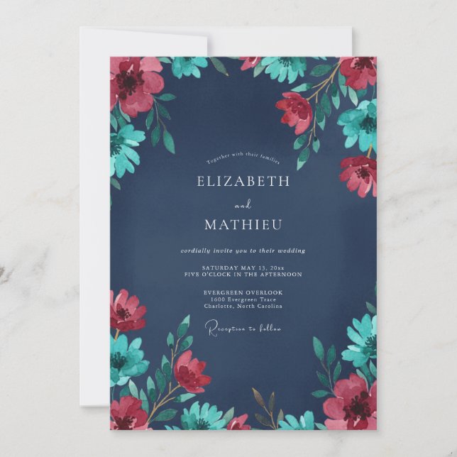 Convite Casamento Pintado de Carmesim e Azul-Teal (Frente)