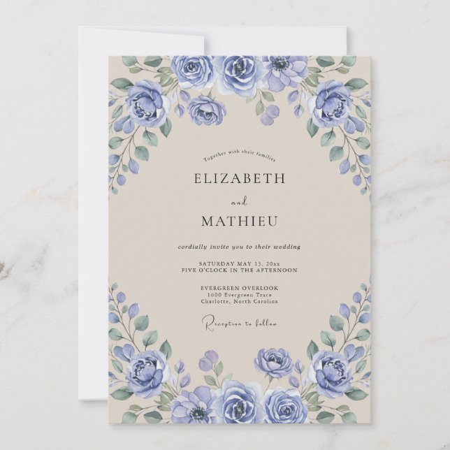 Convite Casamento Pintado de Champanhe e Periwinkle (Frente)