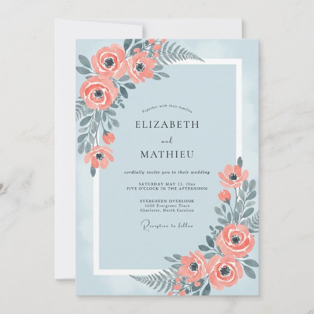 Convite Casamento Pintado de Coral Azul (Frente)