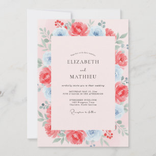 Convite Casamento Pintado de Coral Azul Quente