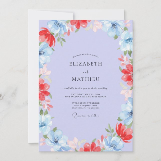 Convite Casamento Pintado de Coral e Periwinkle (Frente)