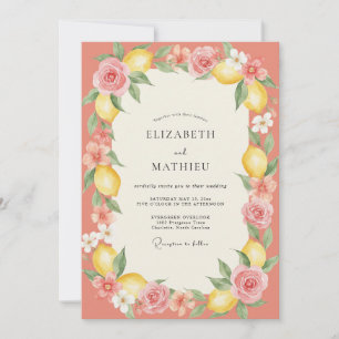 Convite Casamento Pintado de Coral Macio e Limão