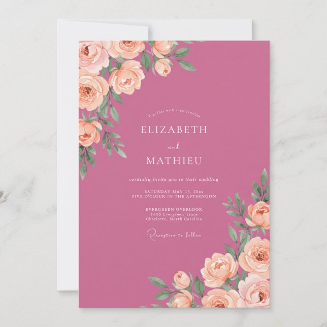 Convite Casamento Pintado de Coral Magenta (Frente)