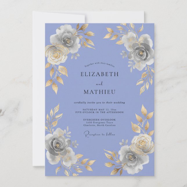 Convite Casamento Pintado de Dourado e Periwinkle (Frente)