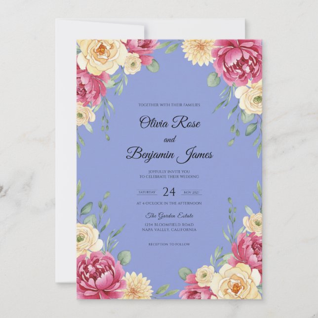 Convite Casamento Pintado de Fuchsia e Periwinkle (Frente)