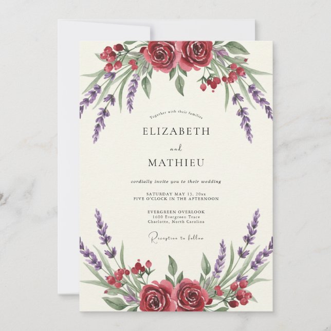 Convite Casamento Pintado de Lavanda Carmesim (Frente)