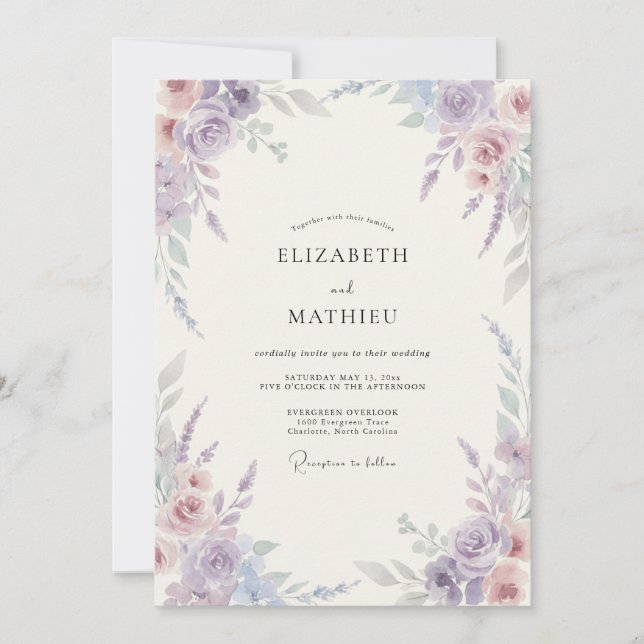 Convite Casamento Pintado de Lavanda Suave e Azul-marinho (Frente)