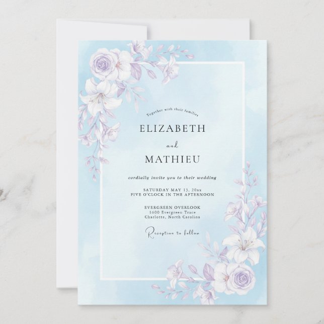 Convite Casamento Pintado de Lilás Suave e Periwinkle (Frente)