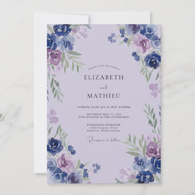 Convite Casamento Pintado de Lilás Suave Periwinkle (Frente)