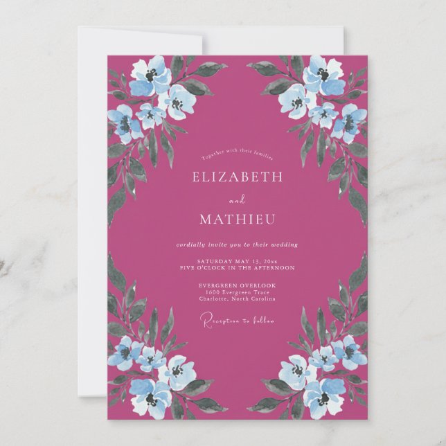 Convite Casamento Pintado de Magenta e Periwinkle (Frente)