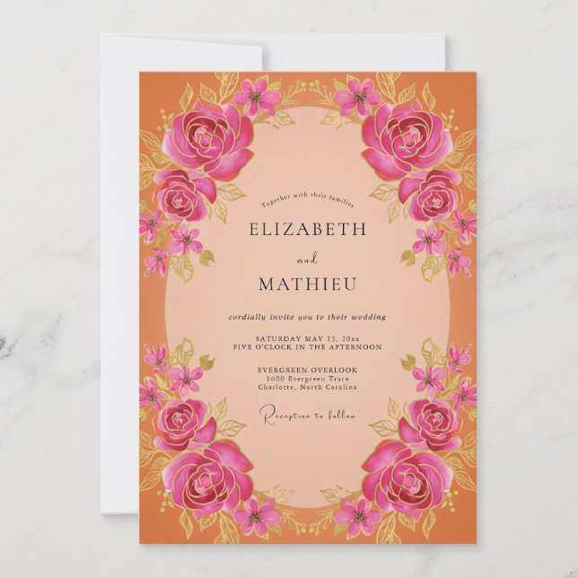 Convite Casamento Pintado de Magenta Rosa Bege (Frente)