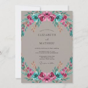 Convite Casamento Pintado de Magenta Taupe Teal