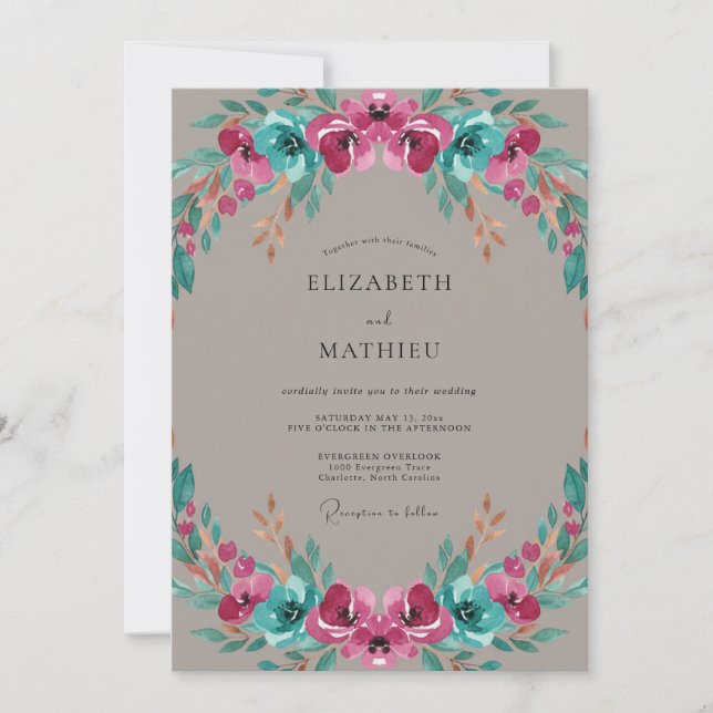 Convite Casamento Pintado de Magenta Taupe Teal (Frente)