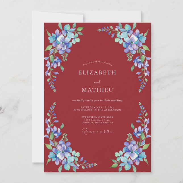 Convite Casamento Pintado de Marrom-Vermelho e Periwinkle (Frente)
