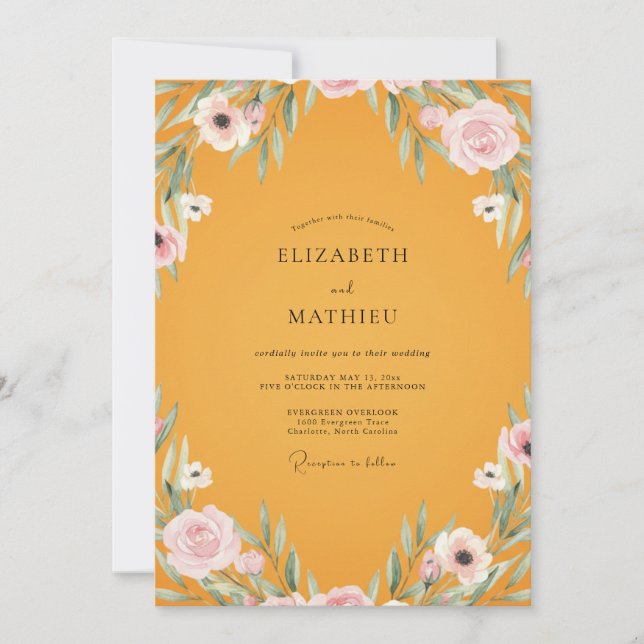 Convite Casamento Pintado de Mostarda Rosa Empoeirado (Frente)