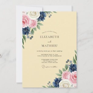 Convite Casamento Pintado de Rosa Azul-Marinho