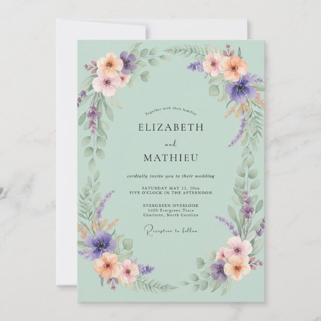 Convite Casamento Pintado de Rosa-Pêssego e Periwinkle Esp (Frente)