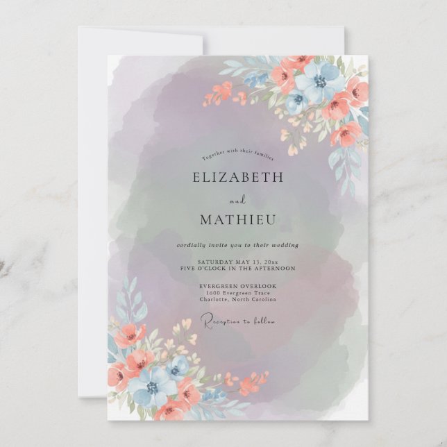 Convite Casamento Pintado de Rosa-rosa com Tons de Pêssego (Frente)