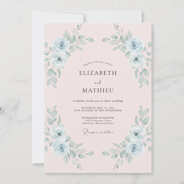 Convite Casamento Pintado de Rosa Suave Celeste (Frente)