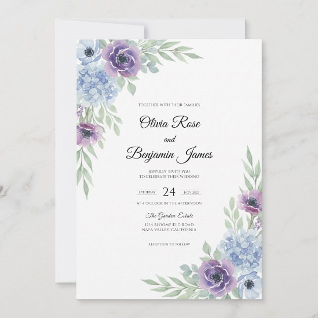 Convite Casamento Pintado de Violeta e Periwinkle (Frente)