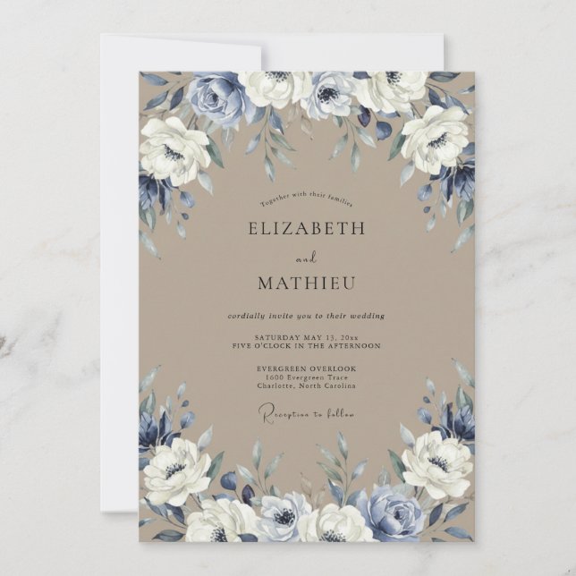 Convite Casamento Pintado Elegante Bege Periwinkle (Frente)