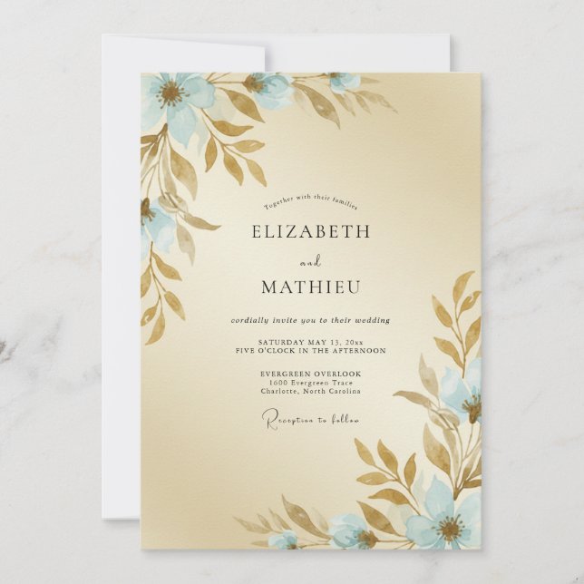 Convite Casamento Pintado em Água Champanhe Suave (Frente)