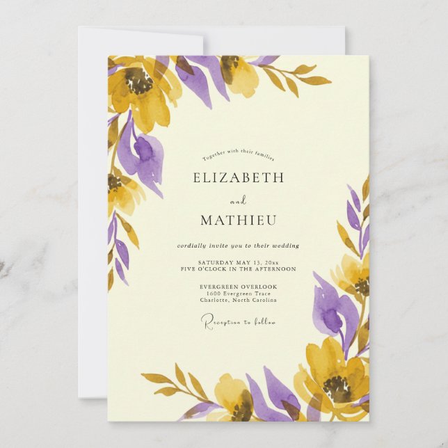 Convite Casamento Pintado em Amarelo Violeta Rústico (Frente)