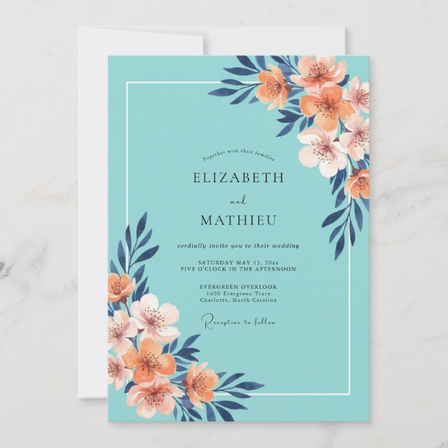 Convite Casamento Pintado em Aqua Coral (Frente)