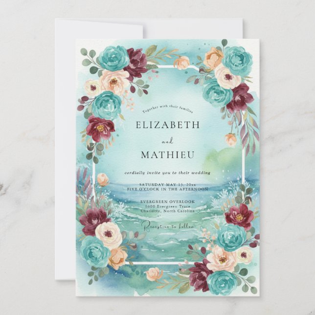 Convite Casamento Pintado em Aqua Vintage e Ameixa (Frente)