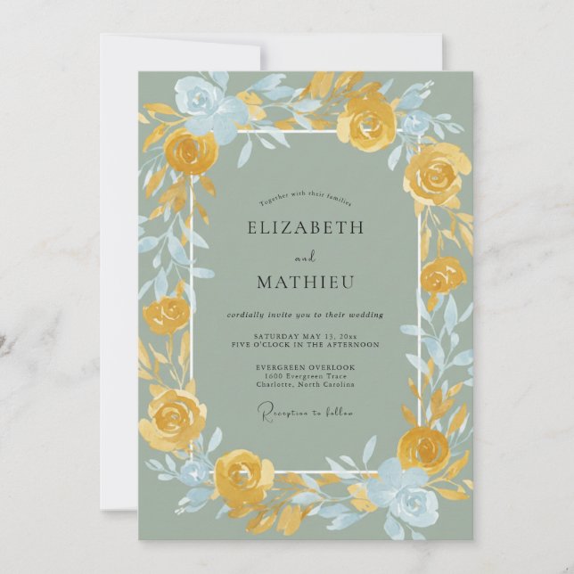 Convite Casamento Pintado em Azul Antigo Dourado (Frente)