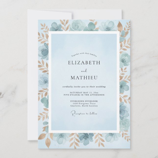 Convite Casamento Pintado em Azul Azure Dourado (Frente)