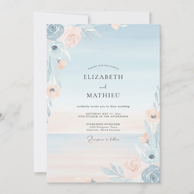 Convite Casamento Pintado em Azul Claro e Damasco (Frente)