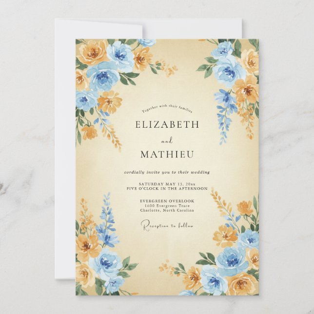 Convite Casamento Pintado em Azul Claro e Mel (Frente)