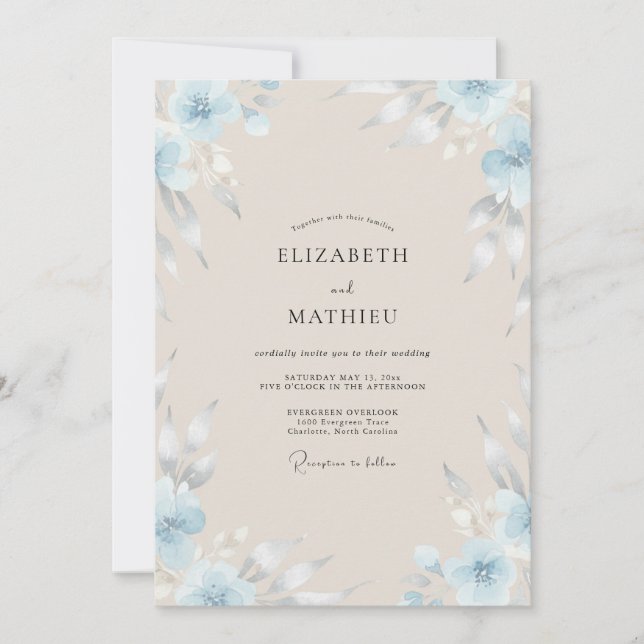 Convite Casamento Pintado em Azul Pó de Champanhe (Frente)