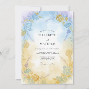 Convite Casamento Pintado em Azul Suave Dourado