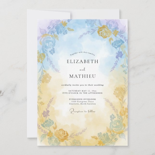 Convite Casamento Pintado em Azul Suave Dourado (Frente)