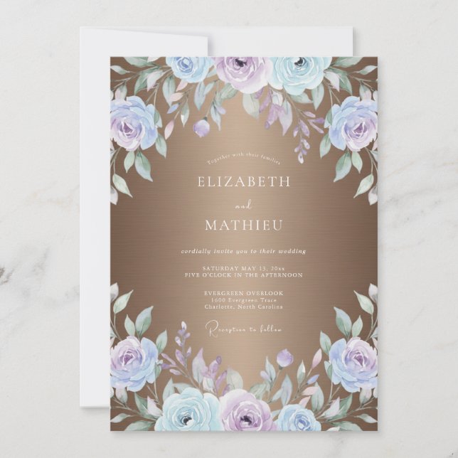 Convite Casamento Pintado em Bronze e Periwinkle (Frente)