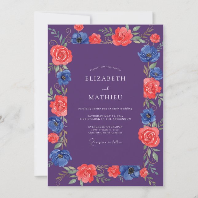 Convite Casamento Pintado em Cobalto Vermelho Roxo (Frente)