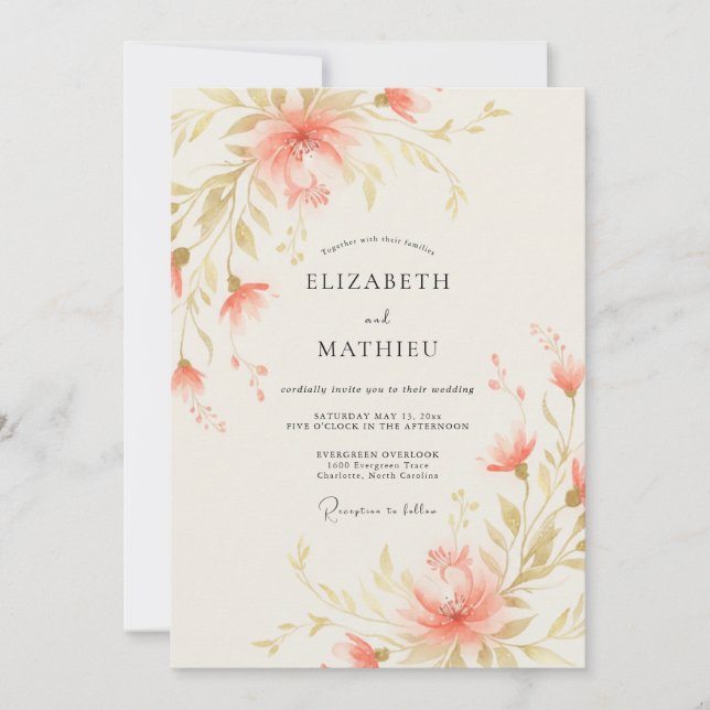 Convite Casamento Pintado em Coral Dourado (Frente)
