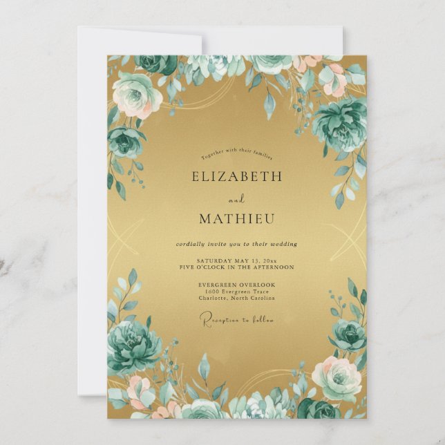 Convite Casamento Pintado em Dourado Aqua (Frente)
